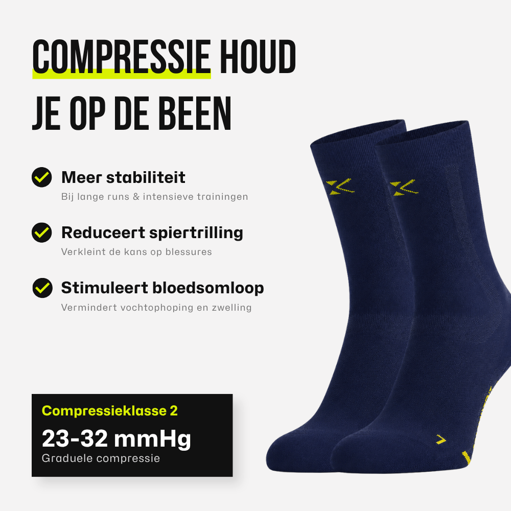 KINEX korte compressiesokken Navy Volt, infographic compressie voordelen #kleur_navy volt