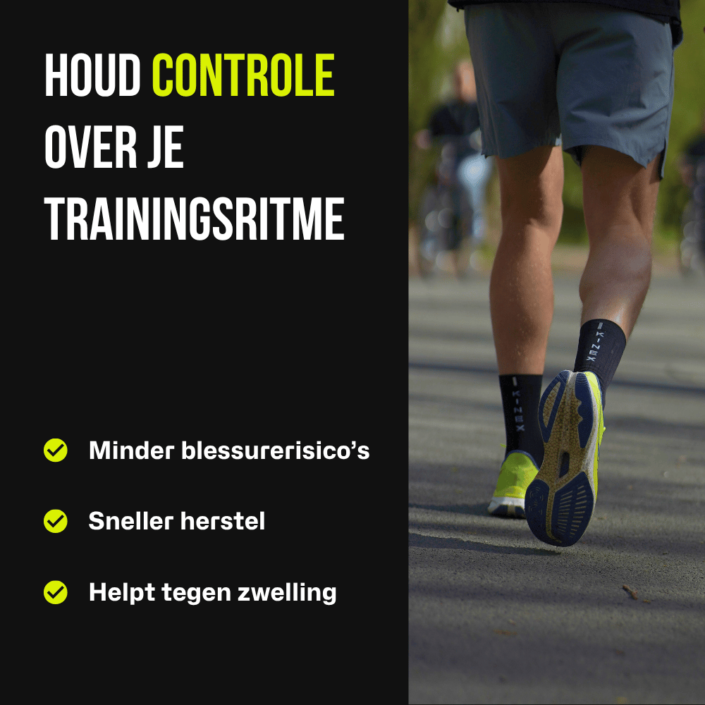 KINEX korte compressiesokken Navy Volt, infographic trainingsritme op straat #kleur_navy volt