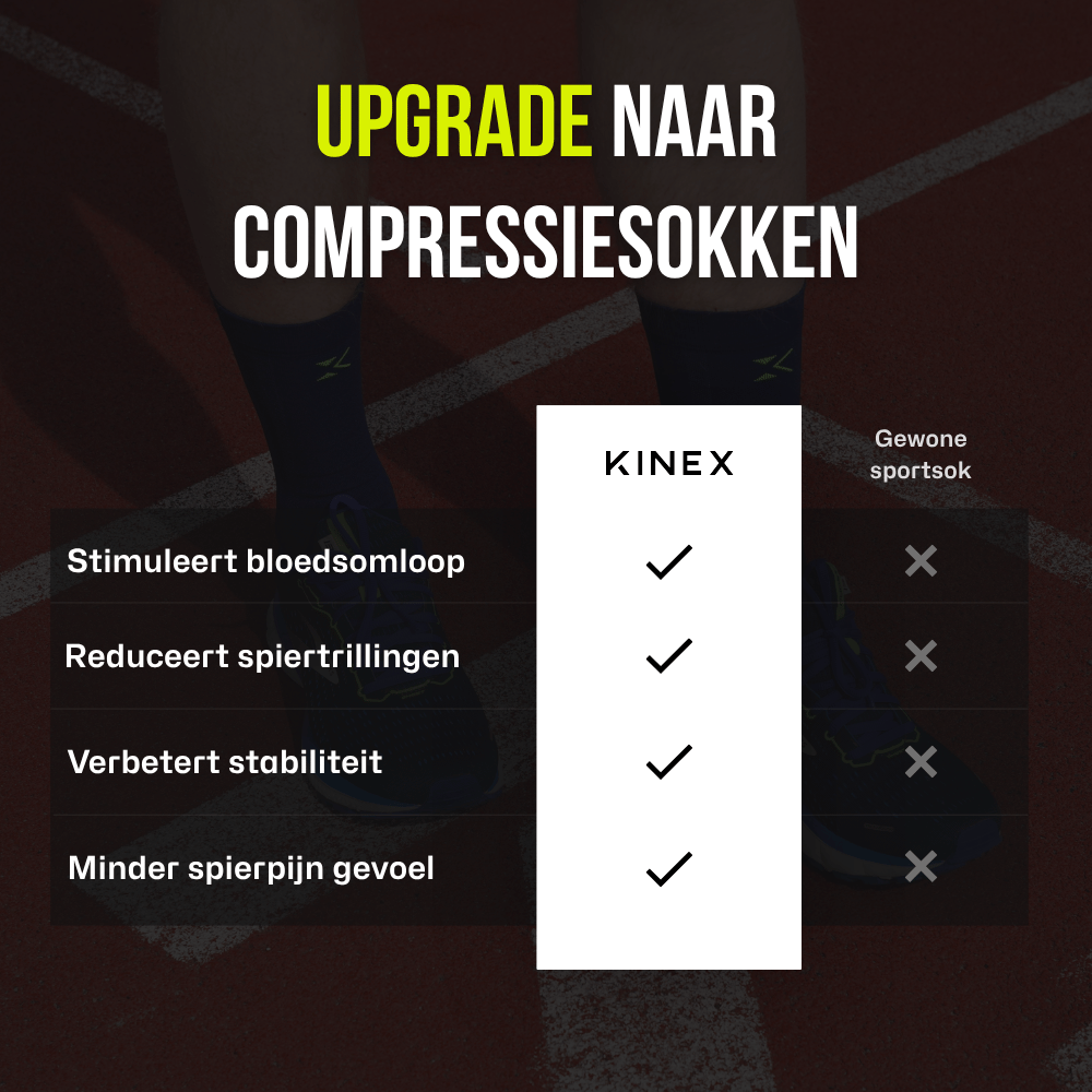 KINEX korte compressiesokken Navy Volt, infographic vergelijking met gewone sportsok #kleur_navy volt