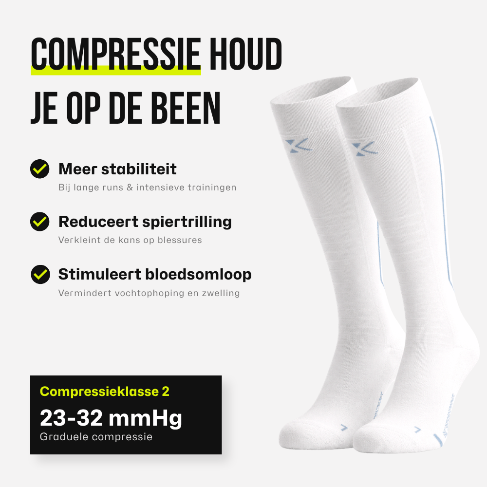 KINEX lange compressiesokken Arctic White, infographic compressie voordelen #kleur_arctic white
