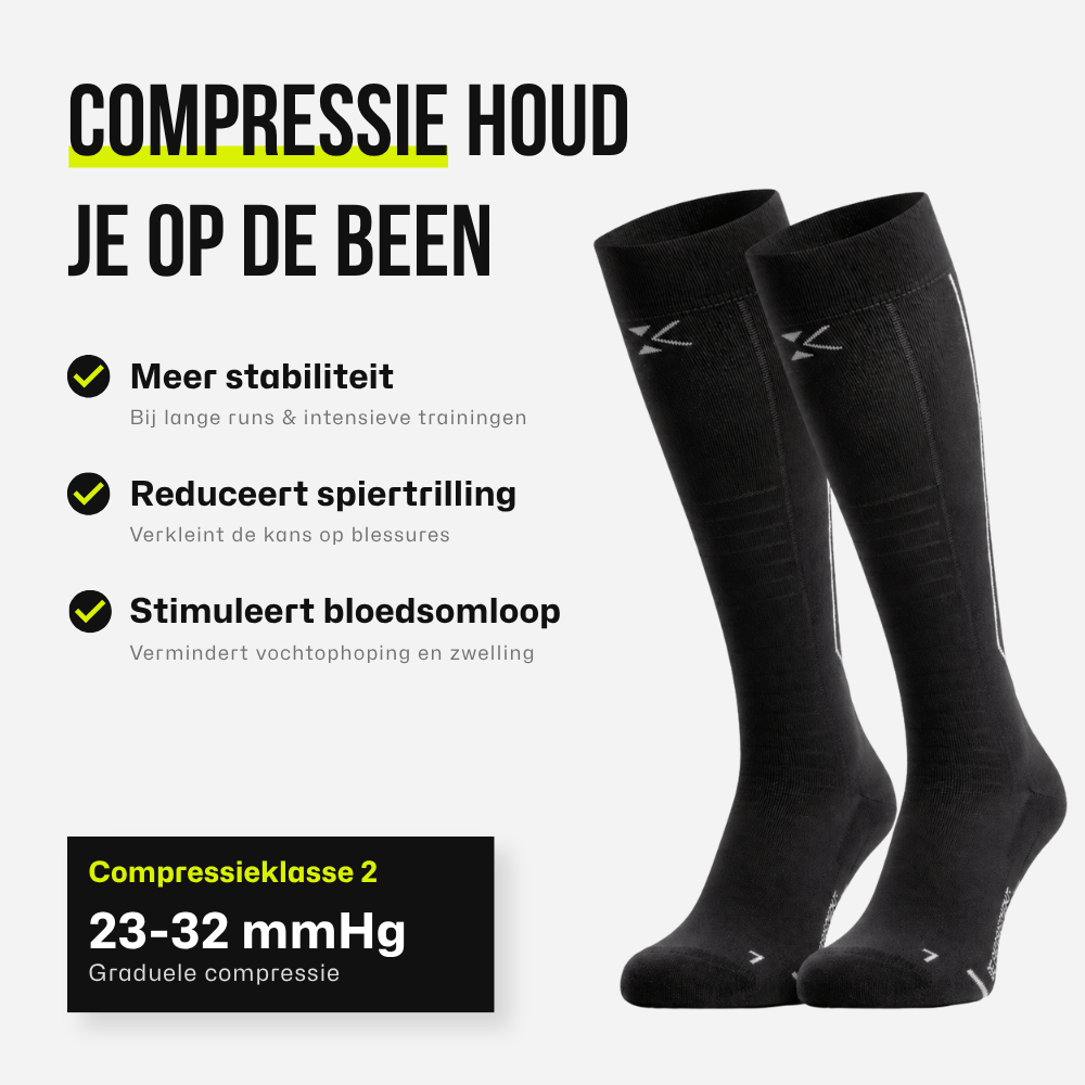 KINEX lange compressiesokken Midnight Black, infographic compressie voordelen #kleur_midnight black