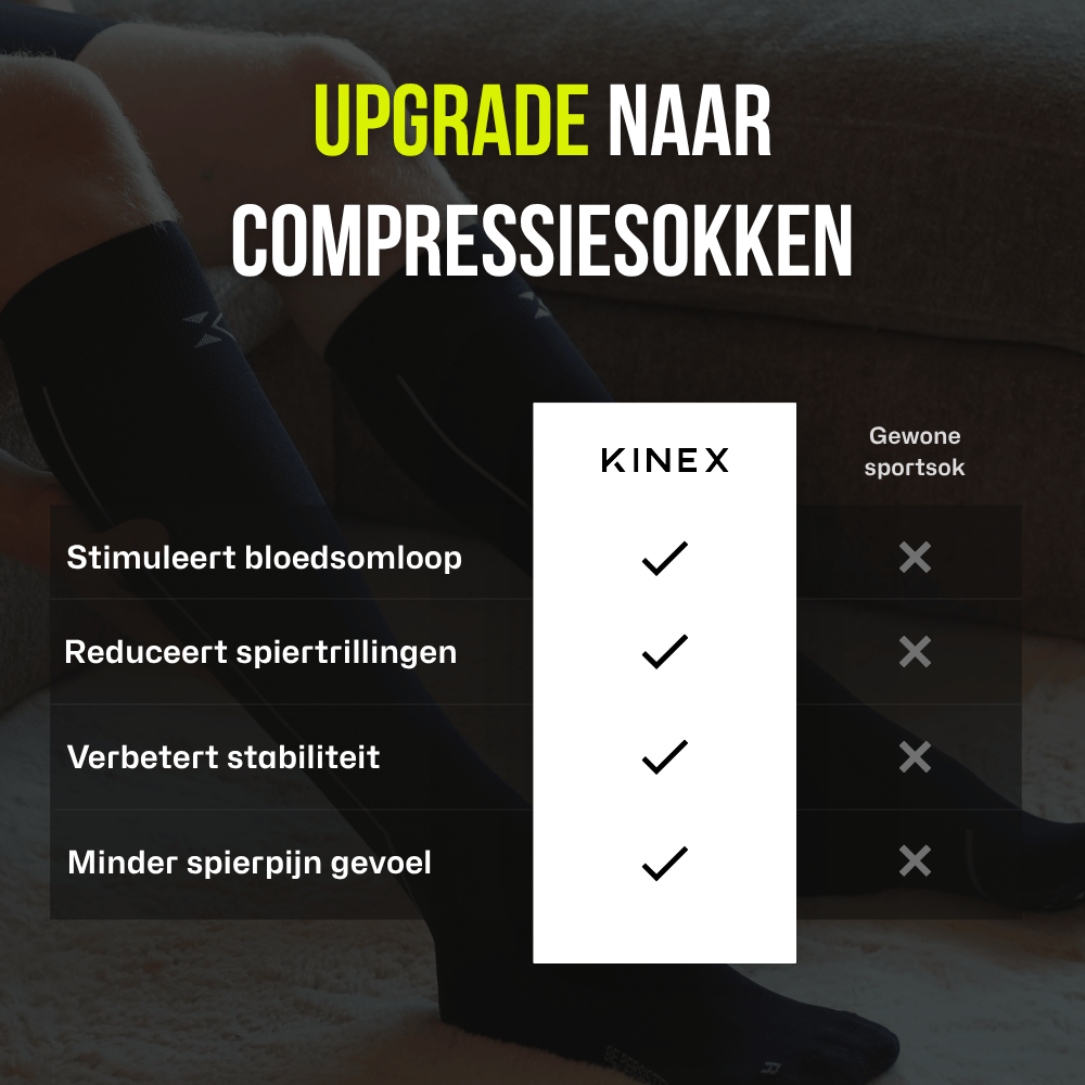 KINEX lange compressiesokken Midnight Black, infographic vergelijking met gewone sportsok #kleur_midnight black
