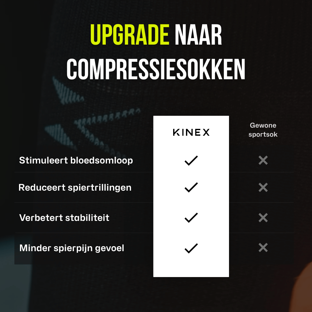 KINEX compressie kuitsleeves Midnight Black, infographic vergelijking met gewone sportsok #kleur_midnight black