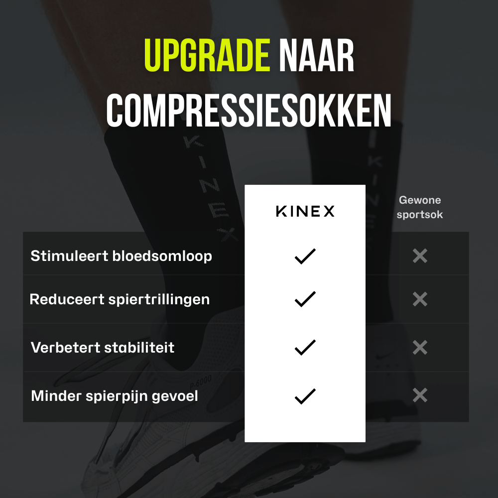 KINEX korte compressiesokken Midnight Black, infographic vergelijking met gewone sportsok #kleur_midnight black