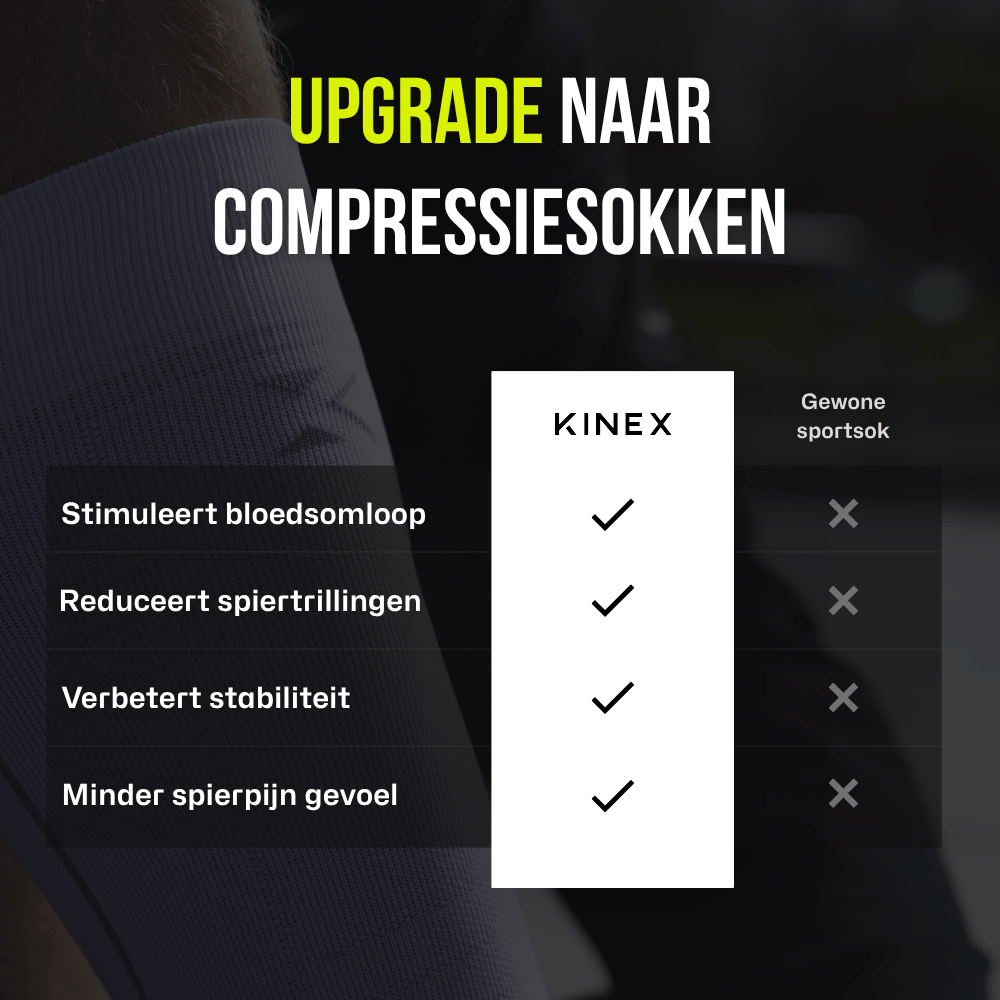 KINEX lange compressiesokken Arctic White, infographic vergelijking met gewone sportsok #kleur_arctic white